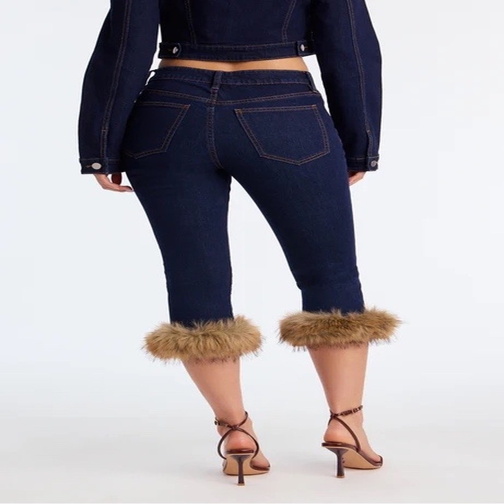 Fashion Nova Dark Blue Cropped Jeans with Faux Fur Trim - Picture 2 of 4